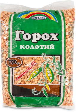 Горох колотий жовтий фас.750г /Веселка/