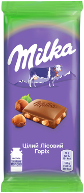 Шоколад "Мілка" молочний цілий лісовий горіх 90г