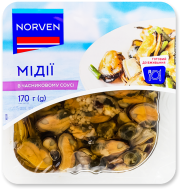 Мідії "Norven" в часниковому соусі 170г лоток /Norven/