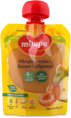 Пюре "Milupa" Яблуко-Груша-Банан-Абрикос д/п 80г /Нутріція/