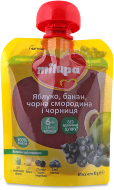 Пюре "Milupa" Яблуко -Банан- Чорн.Смородина -Чорниця д/п 80г /Нутріція/