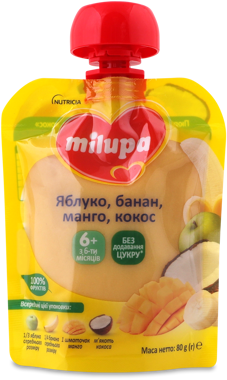 Пюре "Milupa" Яблуко-Банан-Манго-Кокос 80г д/п /Нутріція/