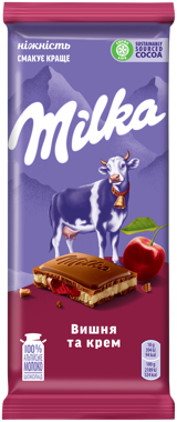 Шоколад "Мілка" молочний вишнева нач 90г /Крафт/