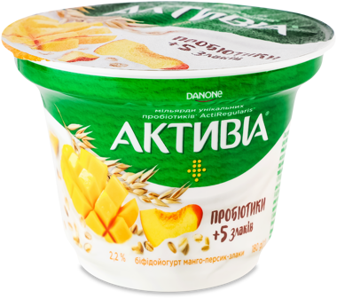 Біфідойогурт АКТИВІА манго- персик-злаки 180г ДАНОН ст 2.2% 